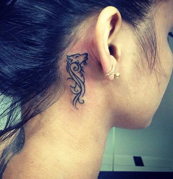 Elegant and stylish wolf head tattoo ideas on ear back for Girls and women