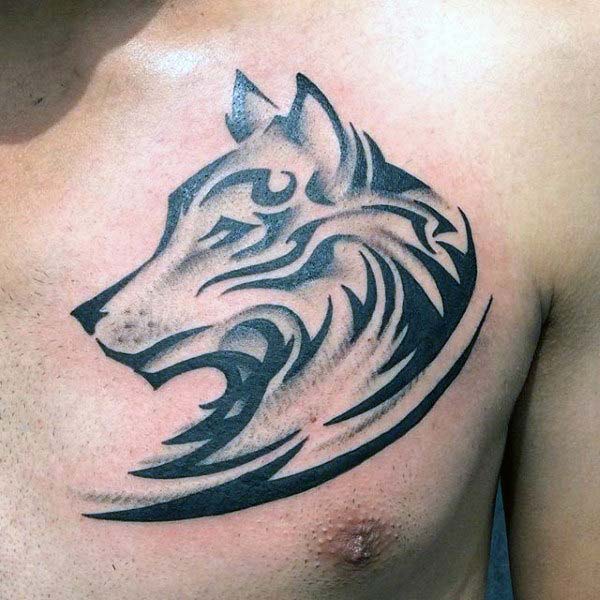 Compelling beautiful Celtic wolf head tribal tattoo ideas on chest for Men