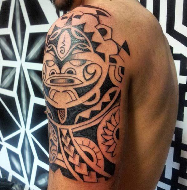 Wonderful shoulder Aztec tribal tattoo design on Boys