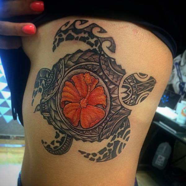 Fantastic Hawaiian tribal turtle with hibiscus tattoo idea on side for Ladies