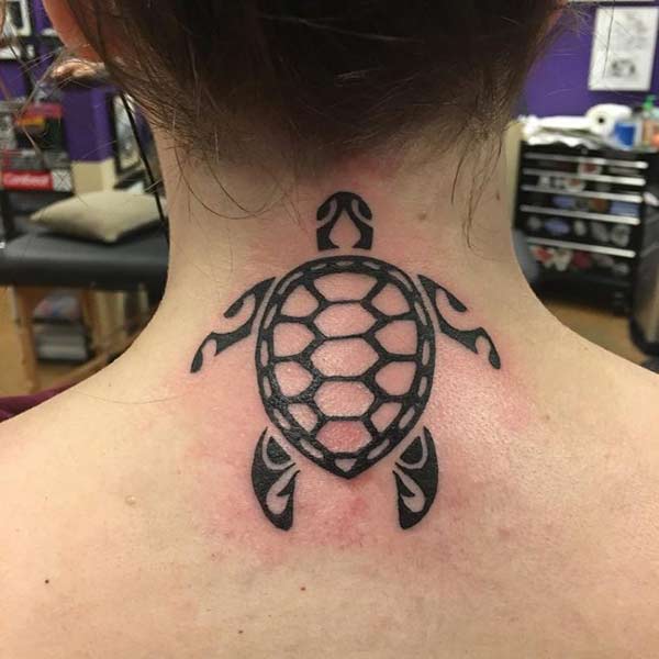 Broad black outlined turtle tattoo design on neck for Girls