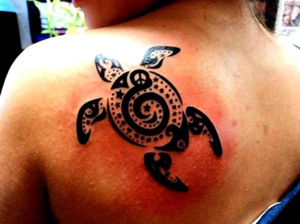 Striking turtle with stars tattoo designs on back shoulder for Ladies