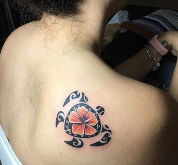 Impressive Hawaiian tribal turtle with orange hibiscus tattoo ideas on back shoulder for Ladies