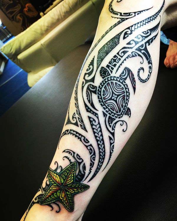Breathtakingly awesome Polynesian tribal tattoo with starfish tattoo designs on leg for Ladies