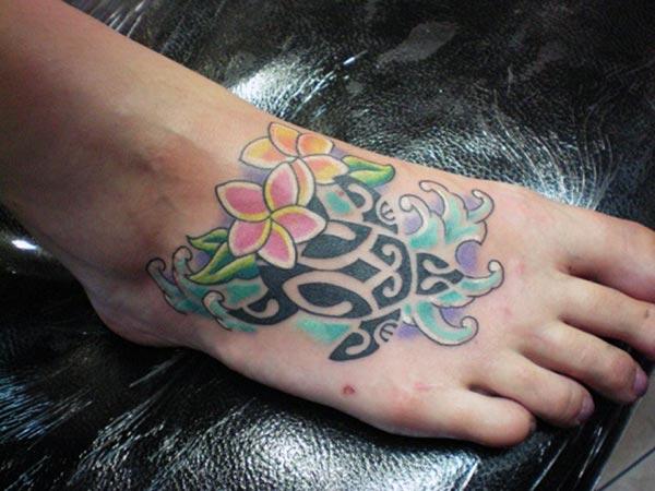 Spectacular Hawaiian tribal turtle vivid orchids tattoo designs on feet for Ladies