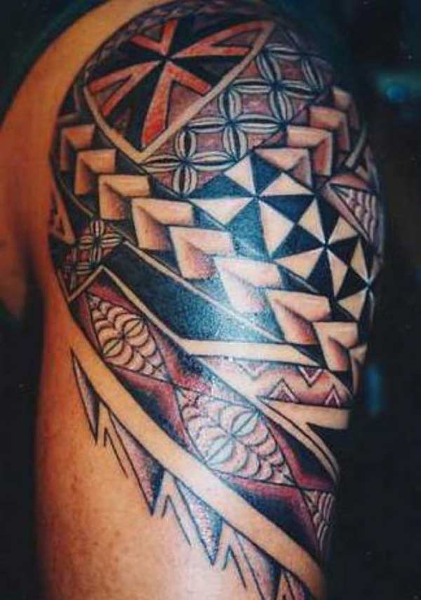 Appealing black and red Hawaiian tribal tattoo ideas for Men on shoulder