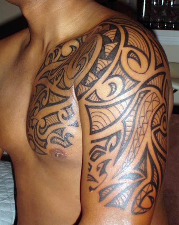 Charming Hawaiian tribal chest and shoulder tattoo ideas for boys and men