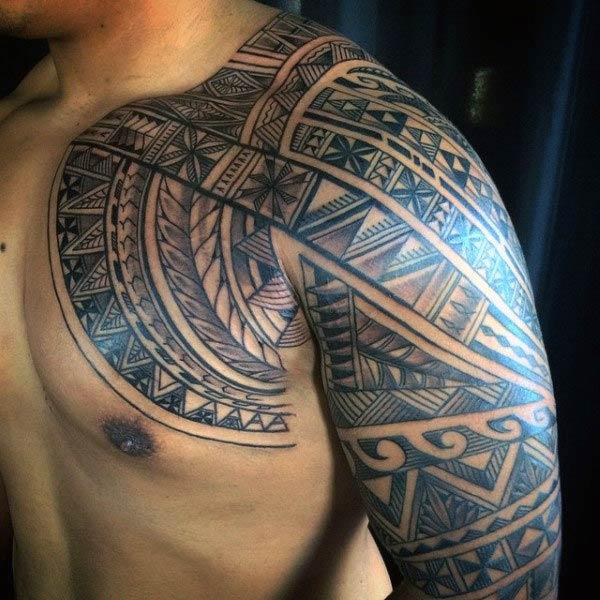 Alluring Hawaiian Tribal Tattoo designs on chest and arm for Men