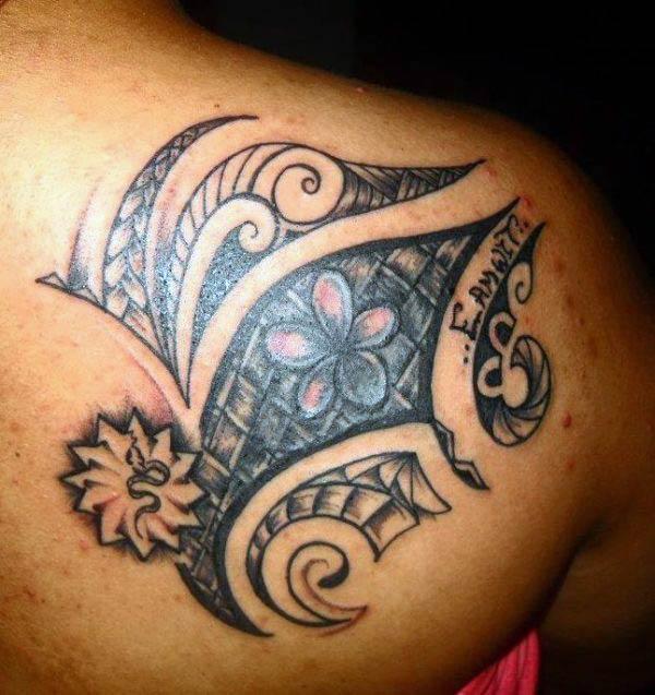 Small elegant hibiscus and snake Hawaiian Tribal Tattoo ideas for Ladies on back shoulder
