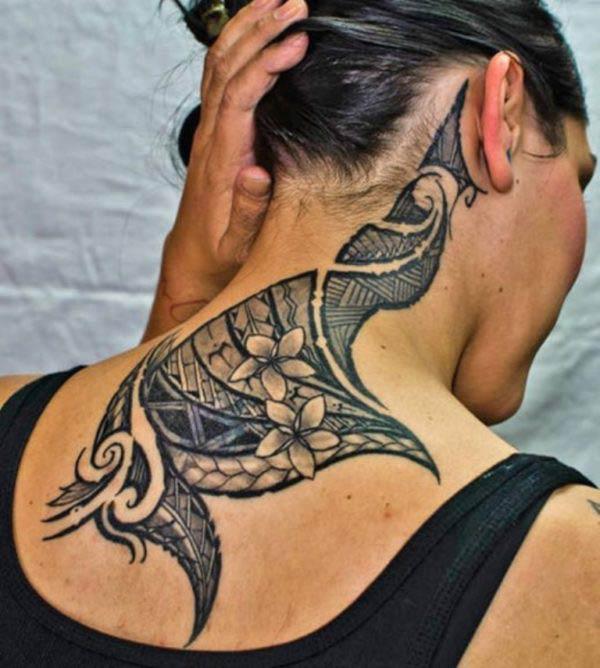 Captivating black lined Hawaiian Tribal Tattoo ideas on back and neck for Women