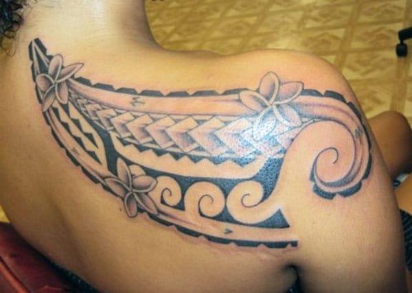 Beautiful Hawaiian Tribal Tattoo with hibiscus design on back for Women