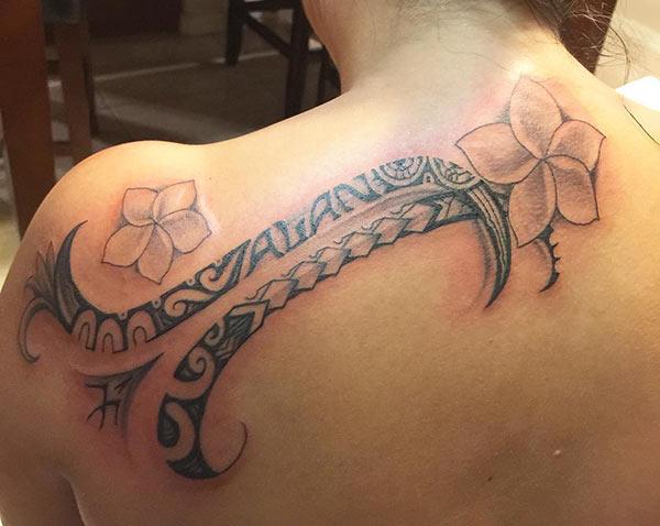 Aesthetic looking orchid Hawaiian Tribal Tattoo ideas on back for Women