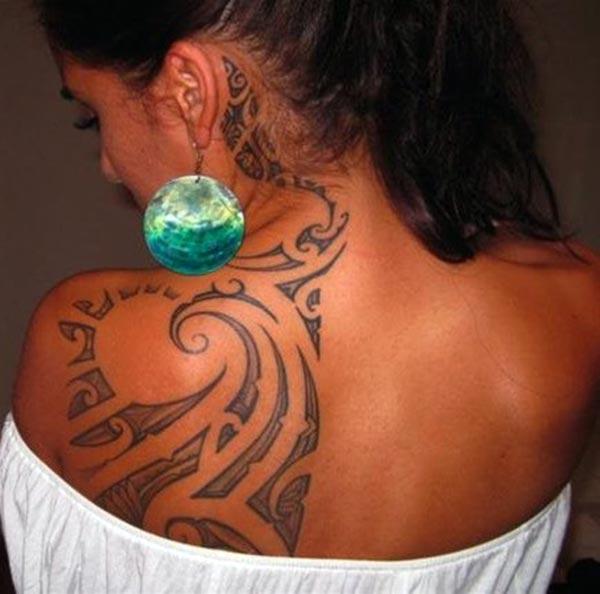 Appealing Hawaiian Tribal Tattoo on back for Girls and women