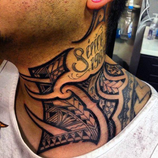 Captivating broad black patterned Hawaiian Tribal Tattoo designs on neck