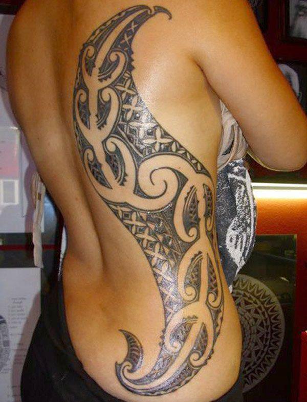 Fascinating big Hawaiian tribal back tattoo designs for women and girls