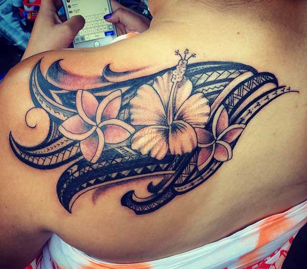 Striking hibiscus and orchid Samoan tribal tattoo ideas for Women on back shoulder