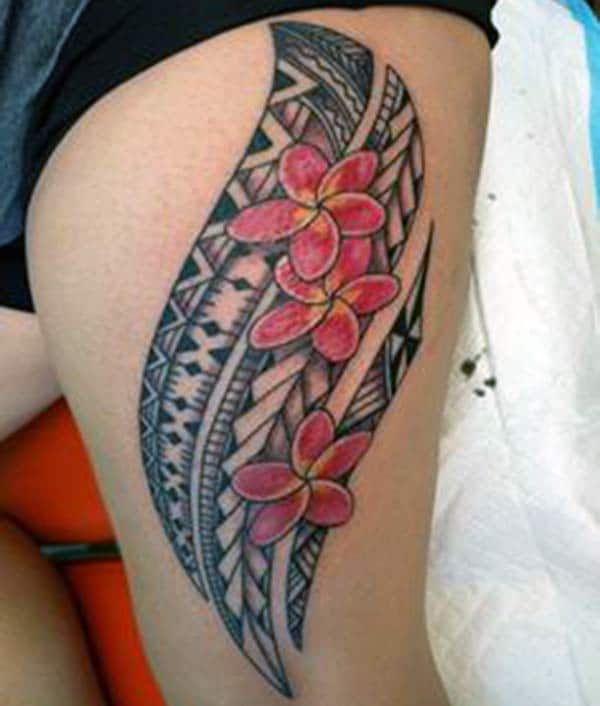 Heavenly red and black Samoan tribal thigh tattoo ideas for girls and women