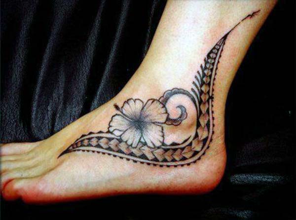 Stylish hibiscus Samoan tribal tattoo ideas on leg for women