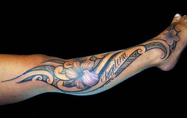 Appealing hibiscus Samoan tribal leg tattoo ideas for Ladies