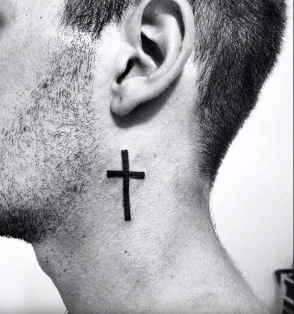 Lovely block cross tattoo design on neck for boys and men