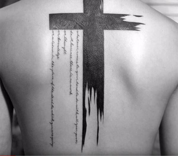 Jaw-dropping intense black broad cross tattoo with wording design for men on back