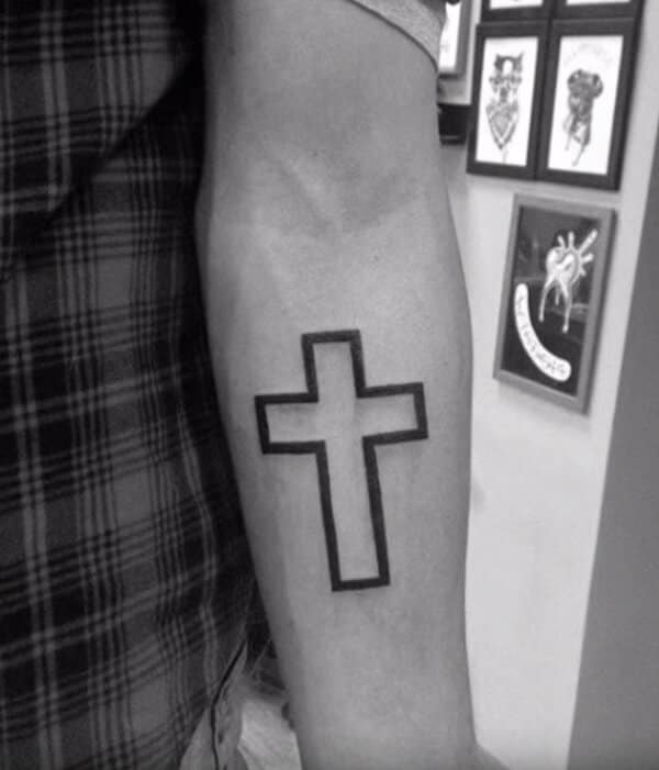 Intense black amazing block cross tattoo designs on forearm for guys