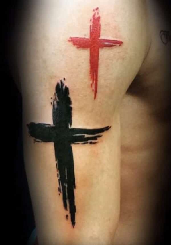 Stunning brush stroked black and red cross tattoo ideas on arm for boys and men