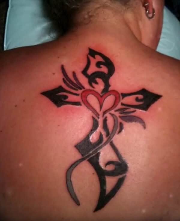 Enchanting creative cross with heart tattoo designs on back for Ladies and girls