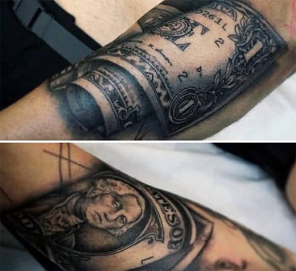 Bewitching 3D money tattoo ideas on arm for Guys