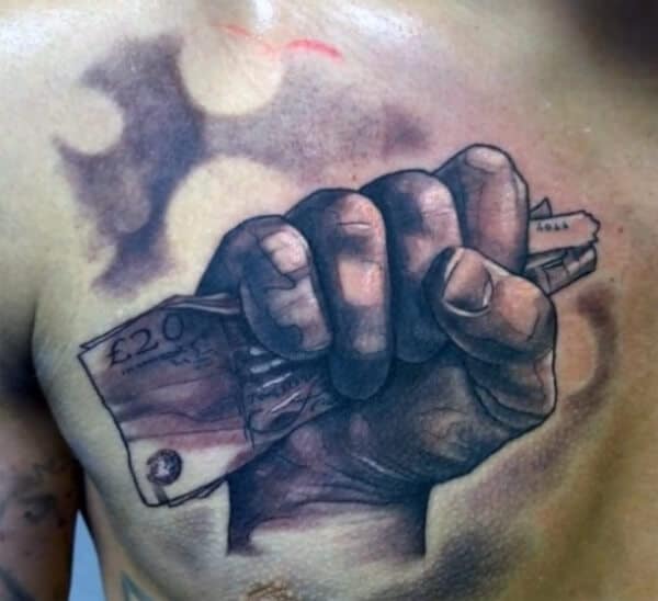 Wonderful attractive money in fist tattoo ideas for Men on chest
