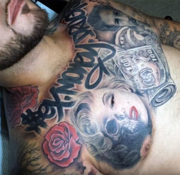 Cool and jaw-dropping Marilyn Monroe and money tattoo ideas on chest for Men