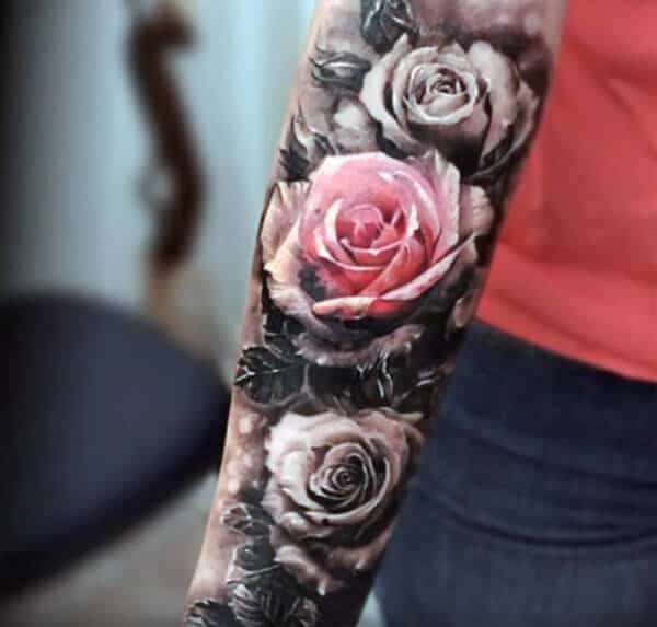 Captivating black and white rose tattoo ideas on arm for Men