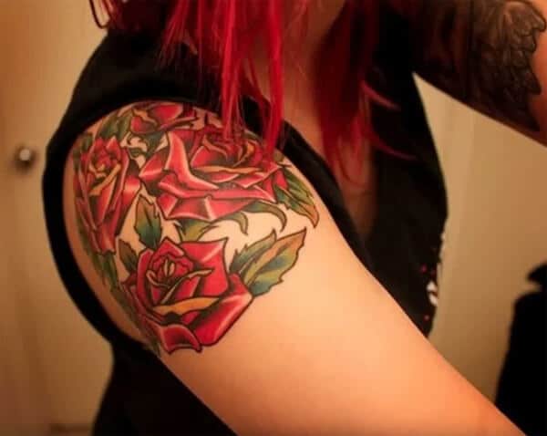 Catchy red roses tattoo ideas for Women and girls on shoulder