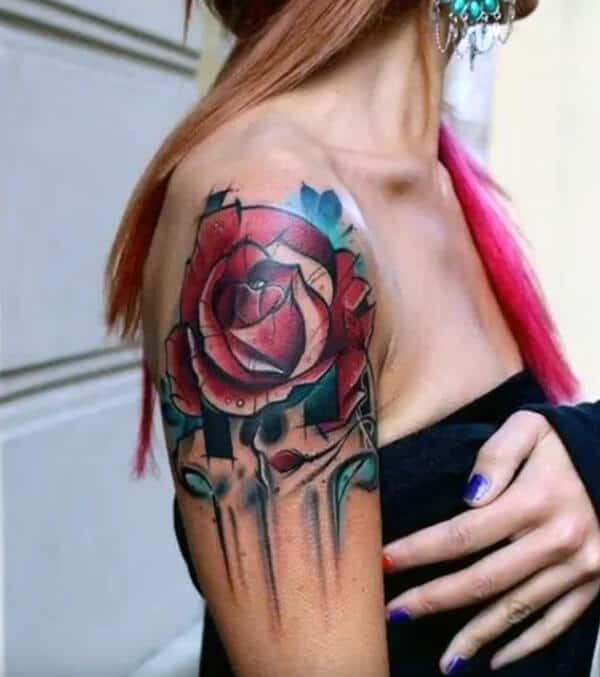 Mind blowing artistic red rose tattoo ideas on shoulder for Women