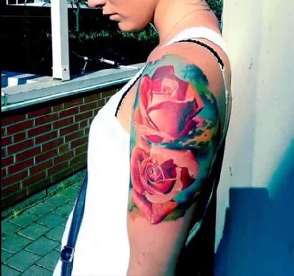 Majestic 3D red rose tattoo designs on shoulder for Women