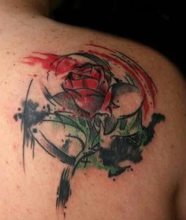 Appealing red rose tattoo designs on back shoulder for Women