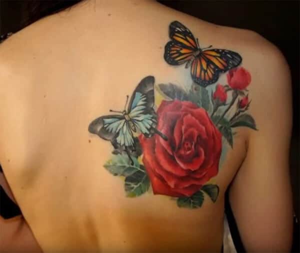 Irresistibly cool rose with butterflies tattoo designs on back shoulder for Girls and women