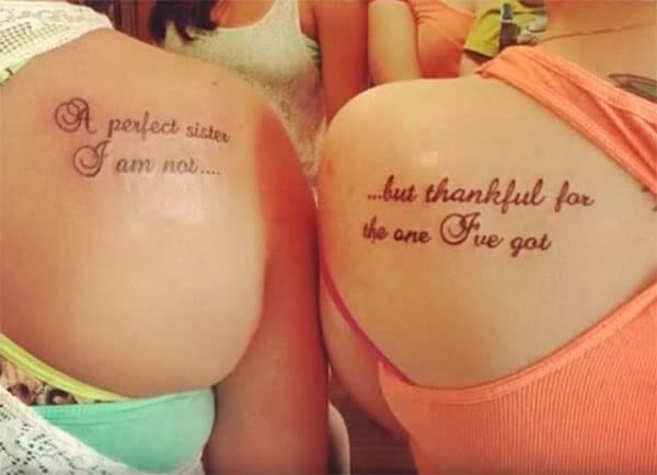 Thoughtful wording sister tattoo ideas on back shoulder for loving sisters