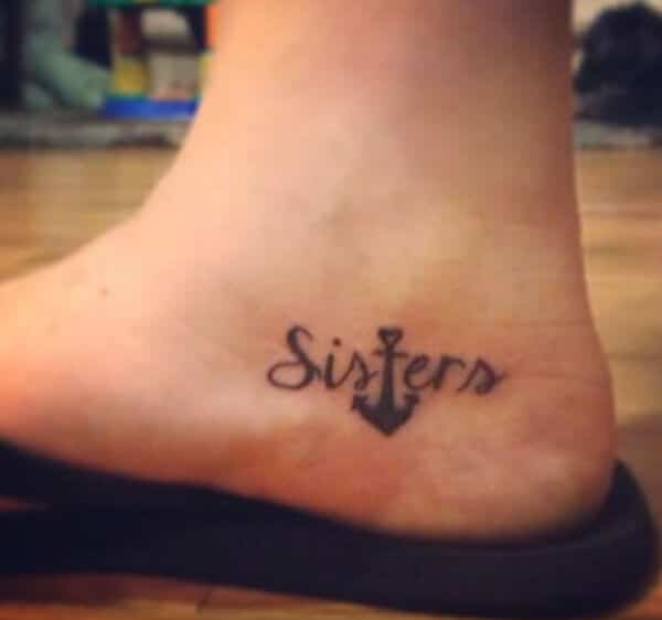 Creative Sisters word tattoo ideas on ankle for girls