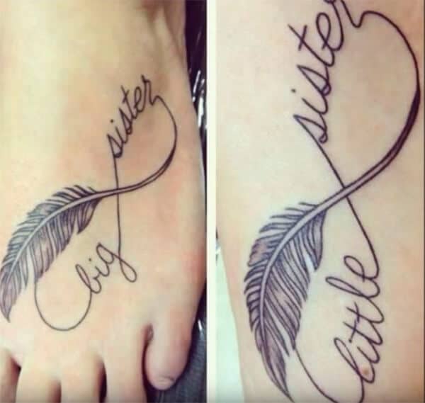 Wonderful sister tattoo with feathers in infinite loop ideas on feet for Women and girls