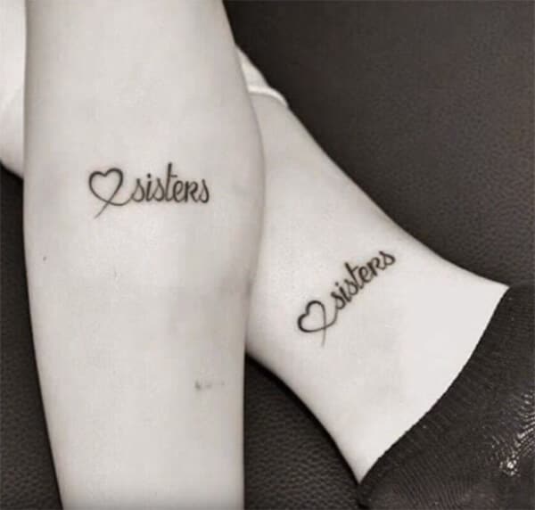 Sisters word tattoo with heart ideas on ankle for girls and women