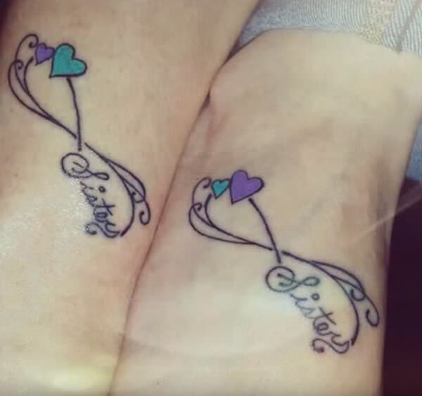 Pretty sister word with hearts in infinite loop tattoo ideas on ankle for ladies