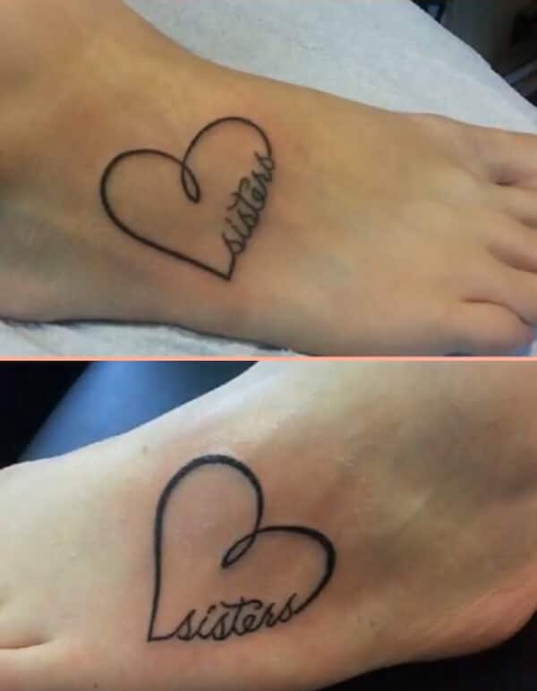 Charming sisters word heart shaped tattoo ideas on feet for women