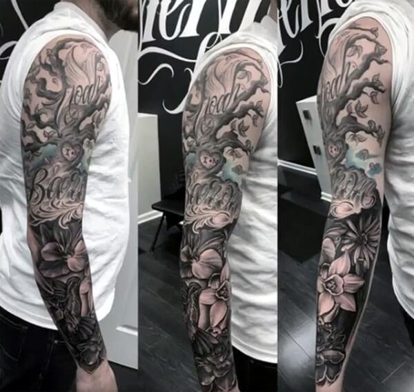 Fabulous tree and flowers sleeve tattoo designs for Men