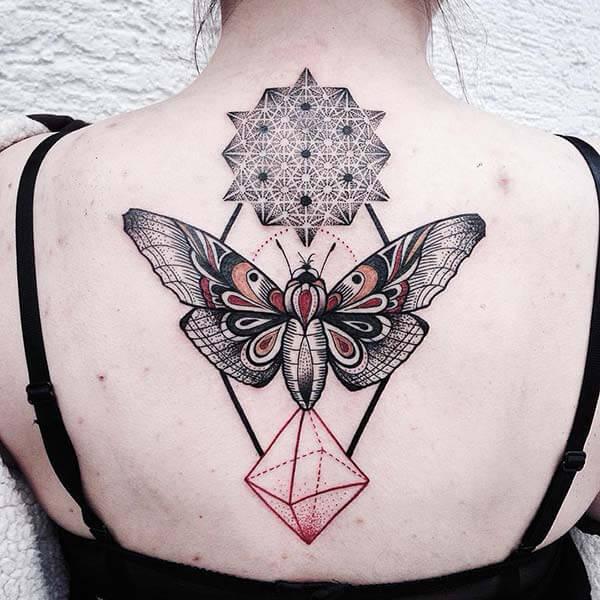 aesthetic geometric back tattoo design for women