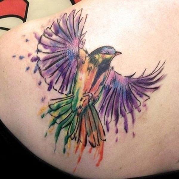 flamboyant watercolor bird tattoo design on back shoulder for Girls