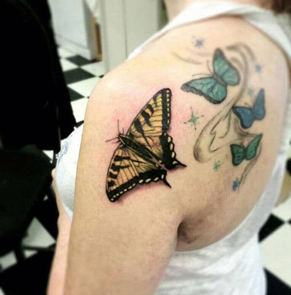 realistic butterfly tattoo design on back shoulder for girls 