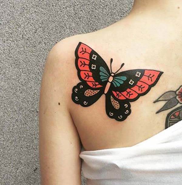 striking black red butterfly tattoo design on back shoulder for Girls 