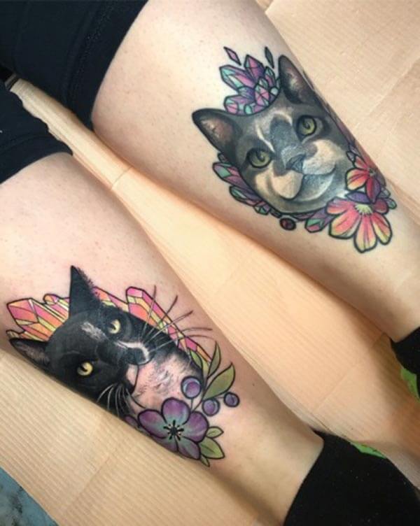 fantastic cat tattoo design on both legs for girls and women