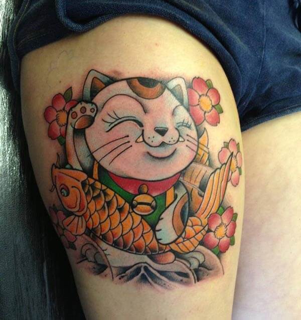 marvelous cat tattoo design on thighs for girls and women